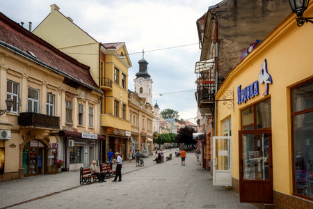 Uzhgorod, Ukraine - 27 July 2019: the central pedestrian street in the historical Old town of...