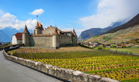 Panoramic view of the Aigle castle and vineyards in swiss Alps mountains, Vaud, Switzerlandのeditorial素材