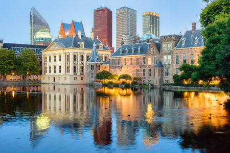 The Hague city center, South Holland, Netherlands, view of the Binnenhof castle, Mauritshuis museum and the modern skyscrapers skylineのeditorial素材
