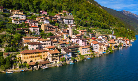 Aerial panoramic view of historical Gandria village on Lake Lugano in swiss Alps mountains, canton Ticino, Switzerlandの写真素材