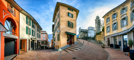 Panoramic view of the main pedestrian street in Lugano city center, Ticino, Switzerlandの写真素材