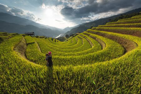 Woman and child on rice terraced fieldのeditorial素材