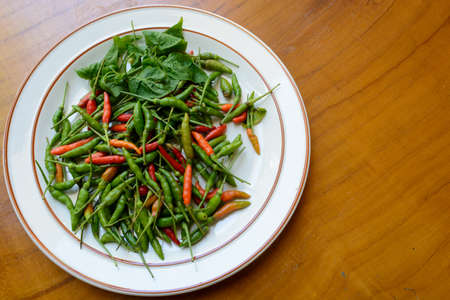 Green, red chili peppers on white dishの写真素材