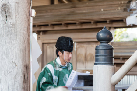 Fukuoka , Japan - January 14, 2014; Priest of Atago shrine in Fukuoka.のeditorial素材