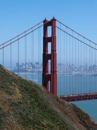 View of the Golden Gate Bridge with in the background the city of San Fransisco, Californiaの写真素材