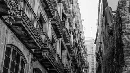 Black and White Picture of a Typical Rustic Street View Barcelona, Spainの写真素材
