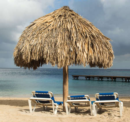 Beach chairs and palapa thatched umbrella overlooking the oceanの写真素材