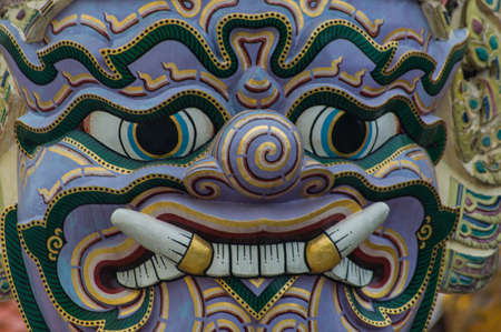 Bangkok, Grand Palace Demon Guards Sculpture Face Close-up, Thailandの写真素材