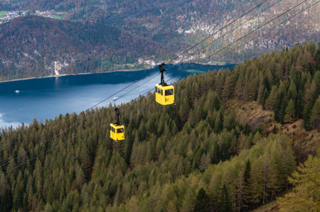 View from Zwolferhorn on Wolfgangsee and St. Gilgen with cabel car in Austriaのeditorial素材