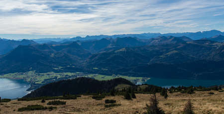 Panoramic view of the Dachstein and Lake Wolfgangsee, Austriaの写真素材