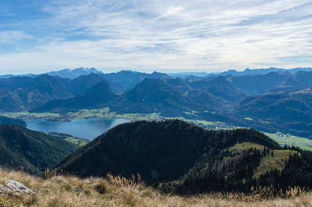 Panoramic view of the Dachstein and Lake Wolfgangsee, Austriaの写真素材