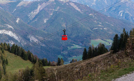 View from Zwolferhorn on Wolfgangsee and St. Gilgen with cabel car in Austriaの写真素材