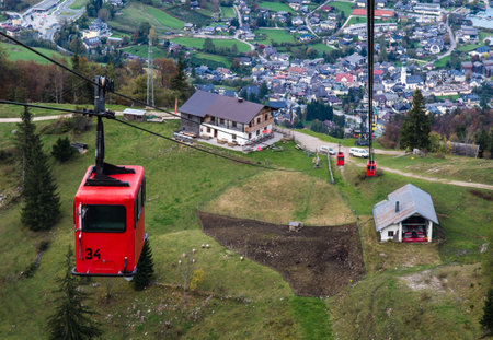 View from Zwolferhorn on Wolfgangsee and St. Gilgen with cabel car in Austriaのeditorial素材