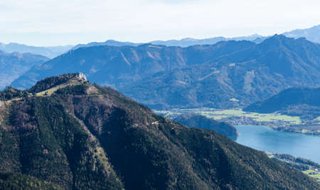 Panoramic view of the Dachstein and Lake Wolfgangsee, Austriaの写真素材