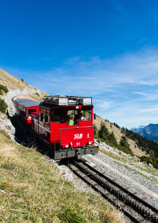 ST. WOLFGANG, AUSTRIA - OCTOBER 19 , 2014: Diesel train railway going to Schafberg Peak (1783m) in St. Wolfgang.のeditorial素材