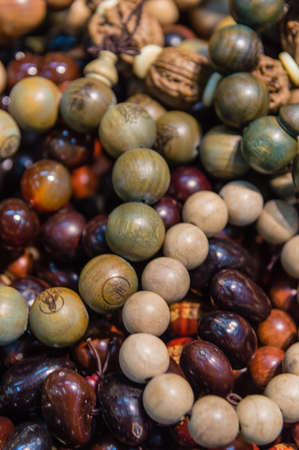 Buddhist beads bracelets close-upの写真素材