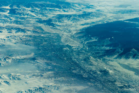 China, aerial view of Gobi Desert in western China from the airplane, Winterlandscapeの写真素材