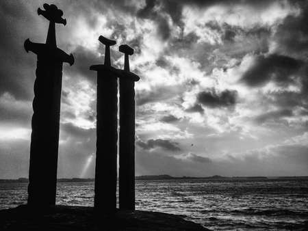 Three large swords stand on the hill as a memory to the Battle of Hafrsfjord in year 872, when King Harald Fairhair gathered all of Norway under one crown.の写真素材