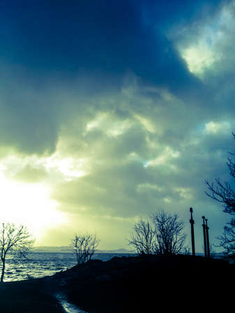 Three large swords stand on the hill as a memory to the Battle of Hafrsfjord in year 872, when King Harald Fairhair gathered all of Norway under one crown.の写真素材