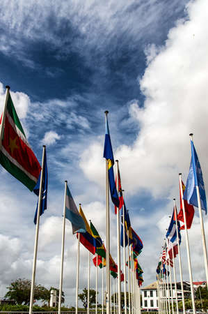 Flags of different countries of the historic city of Paramaribo, Suriname.の写真素材