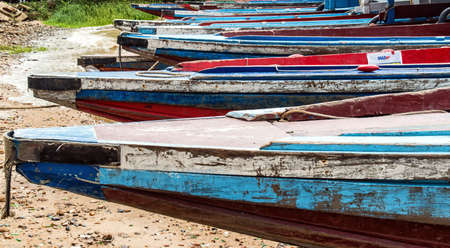 boats on the banks of the Commewijne river in Suriname.の写真素材