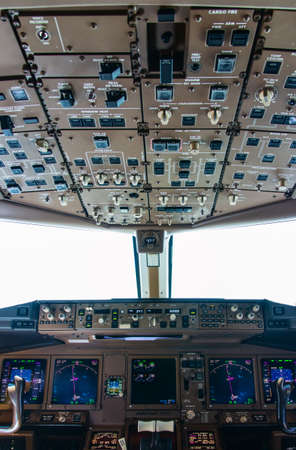 Detail of Cockpit controls inflight of a commercial airliner