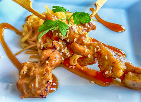 Satay chicken kebabs on a bed of noodlesの写真素材