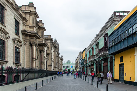 Colonial buildings at a street in downtown Lima, Peru.のeditorial素材