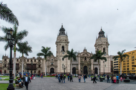 LIMA PERU NOVEMBER 01: Cathedral at Plaza de Armas on november 01 2015 in Lima, Peru.Is the birthplace of the city of Lima, as well as the core of the city. Located in the Historic Centre of Lima.のeditorial素材