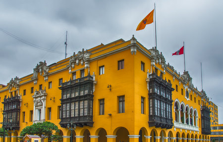 Vivid colored buildings at the Plaza de Armas, Lima.のeditorial素材