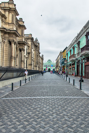 Colonial buildings at a street in downtown Lima, Peru.のeditorial素材