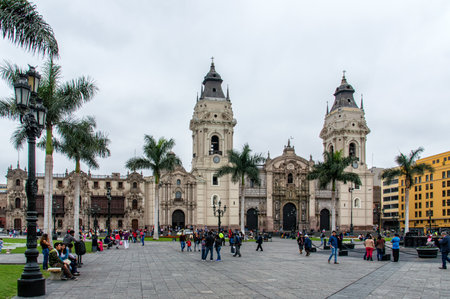 LIMA PERU NOVEMBER 01: Cathedral at Plaza de Armas on november 01 2015 in Lima, Peru.Is the birthplace of the city of Lima, as well as the core of the city. Located in the Historic Centre of Lima.のeditorial素材