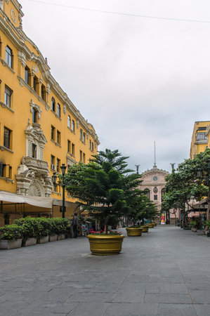 Lima, Peru - November 01, 2015: Jiron de la Union; a pedestrian only street in the historic centre of Lima. The street is lined with old historic buildings and colonial architecture. The street dates back to 1535 when it was designed by Francisco Pizarro,のeditorial素材