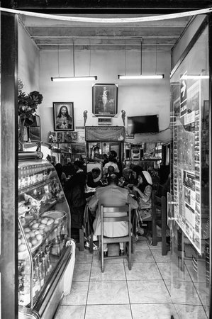 Street photography'- Local People having Lunch at Traditional Peruvian Restaurantのeditorial素材