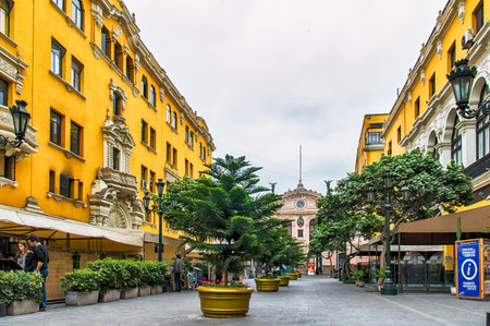 Lima, Peru - November 01, 2015: Jiron de la Union; a pedestrian only street in the historic centre of Lima. The street is lined with old historic buildings and colonial architecture. The street dates back to 1535 when it was designed by Francisco Pizarro,のeditorial素材