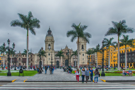 Lima, Peru - November 01, 2015: The Plaza de Armas or Plaza Mayor in the historical centre of Lima.のeditorial素材