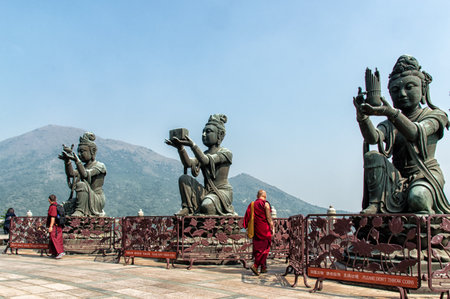 Three Boddisathva statues at Po Lin monastery, Lantau Island, Hong Kong.のeditorial素材
