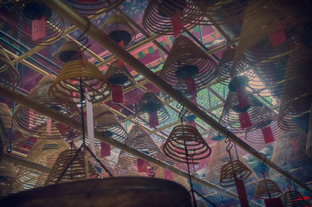Incense Cones in Chinese Temple, Man Mo Temple, Hong Kong, Chinaのeditorial素材
