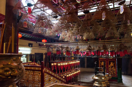 Incense Cones in Chinese Temple, Man Mo Temple, Hong Kong, Chinaのeditorial素材