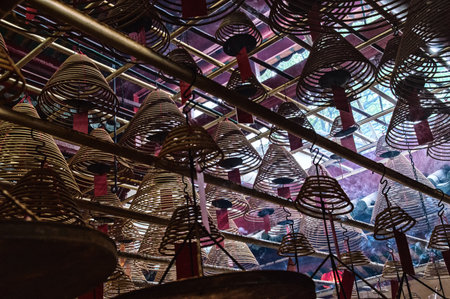 Incense Cones in Chinese Temple, Man Mo Temple, Hong Kong, Chinaのeditorial素材