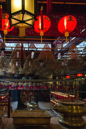 Incense Cones in Chinese Temple, Man Mo Temple, Hong Kong, Chinaのeditorial素材
