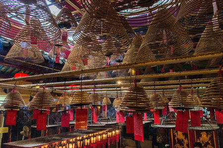 Incense Cones in Chinese Temple, Man Mo Temple, Hong Kong, Chinaのeditorial素材