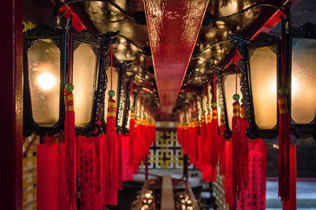 Interior lanterns of Man Mo Temple in Hong Kong, China.のeditorial素材