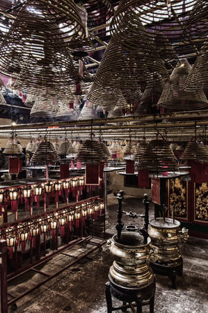 Incense Cones in Chinese Temple, Man Mo Temple, Hong Kong, Chinaのeditorial素材