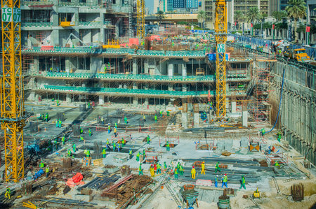 Dubai, United Arab Emirates - March 25, 2015: Massive buiding site with a lot of building machinery and many foreign construction workers in Dubai near by Burj Khalifa. Picture showing economical growth of UAE.のeditorial素材