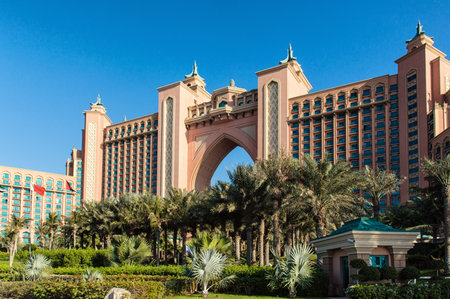Dubai, UAE - December 30, 2015: Atlantis Hotel, Palm Jumeirah. The beautiful and extravagant hotel, containing an aquarium inside the hotel, seen here on a sunny Dubai Winter day.のeditorial素材