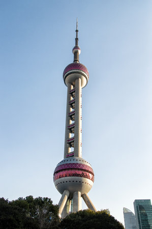 Pearl Tower, a communication tower in Shanghai, one of the icons of the city.のeditorial素材