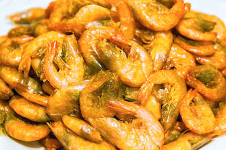 Platter full of steamed shrimp.の写真素材
