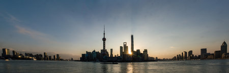 shanghai in sunny morning , huangpu river and pudong skylineのeditorial素材