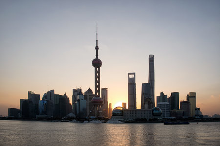 shanghai in sunny morning , huangpu river and pudong skylineのeditorial素材